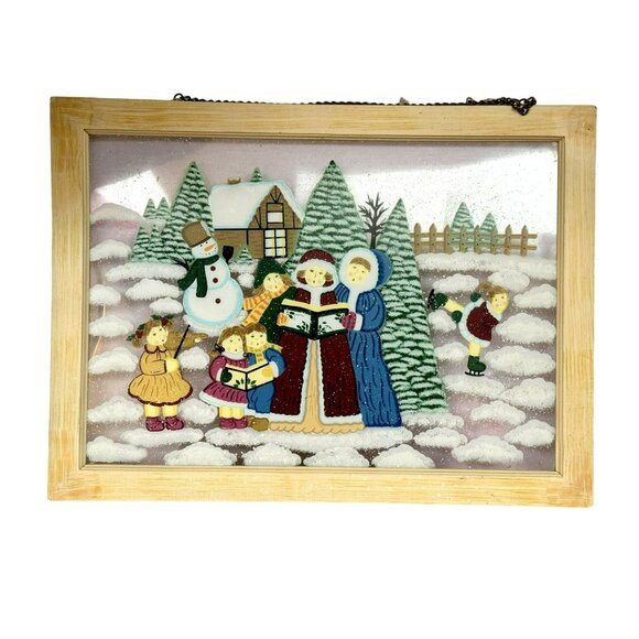 Winter Holiday Framed Hand-Painted Wall Window Hanging Carolers Snowman Skater - Picture 6 of 7